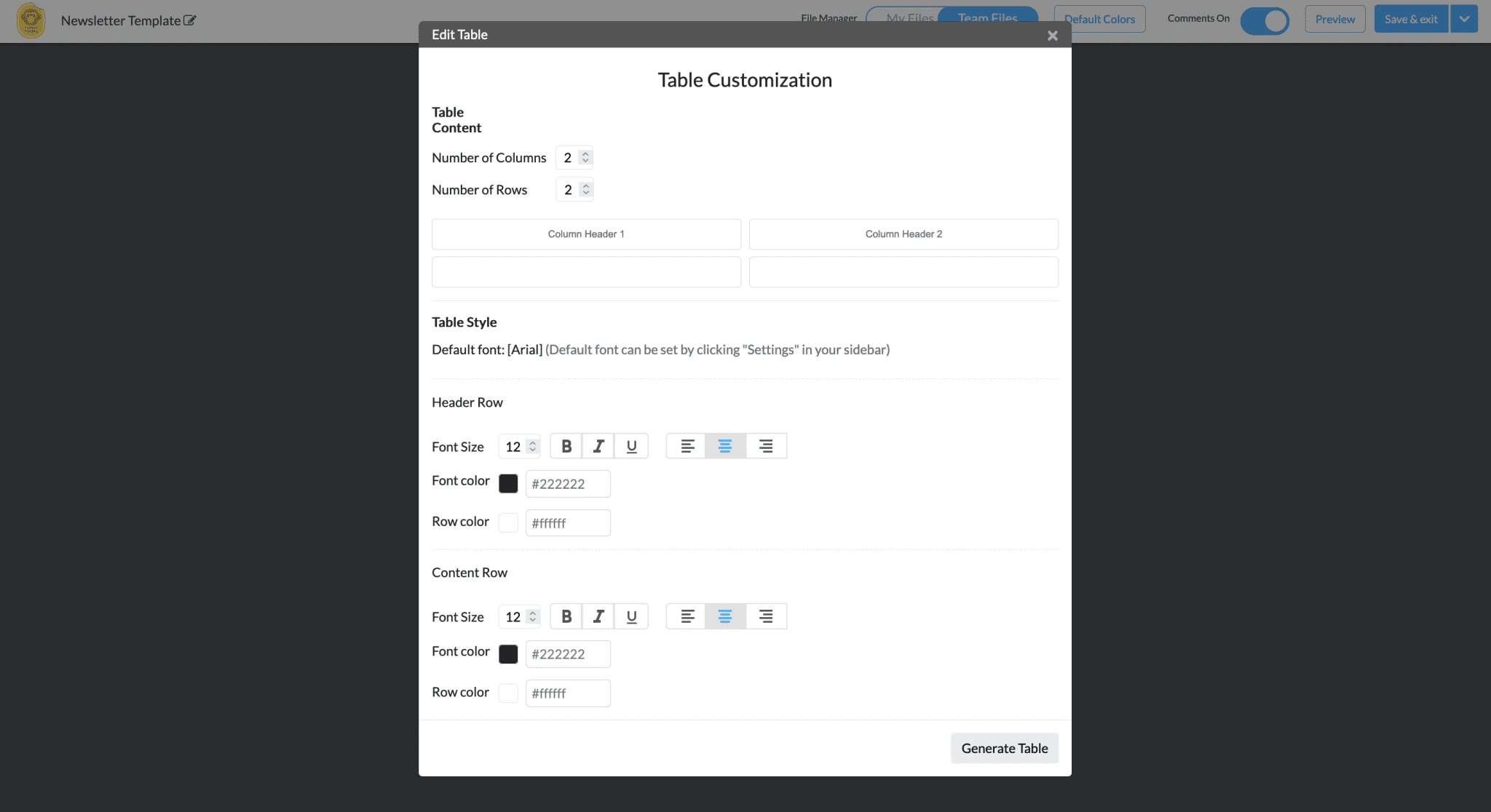 Screenshot of table customization settings within ContactMonkey's email template builder.