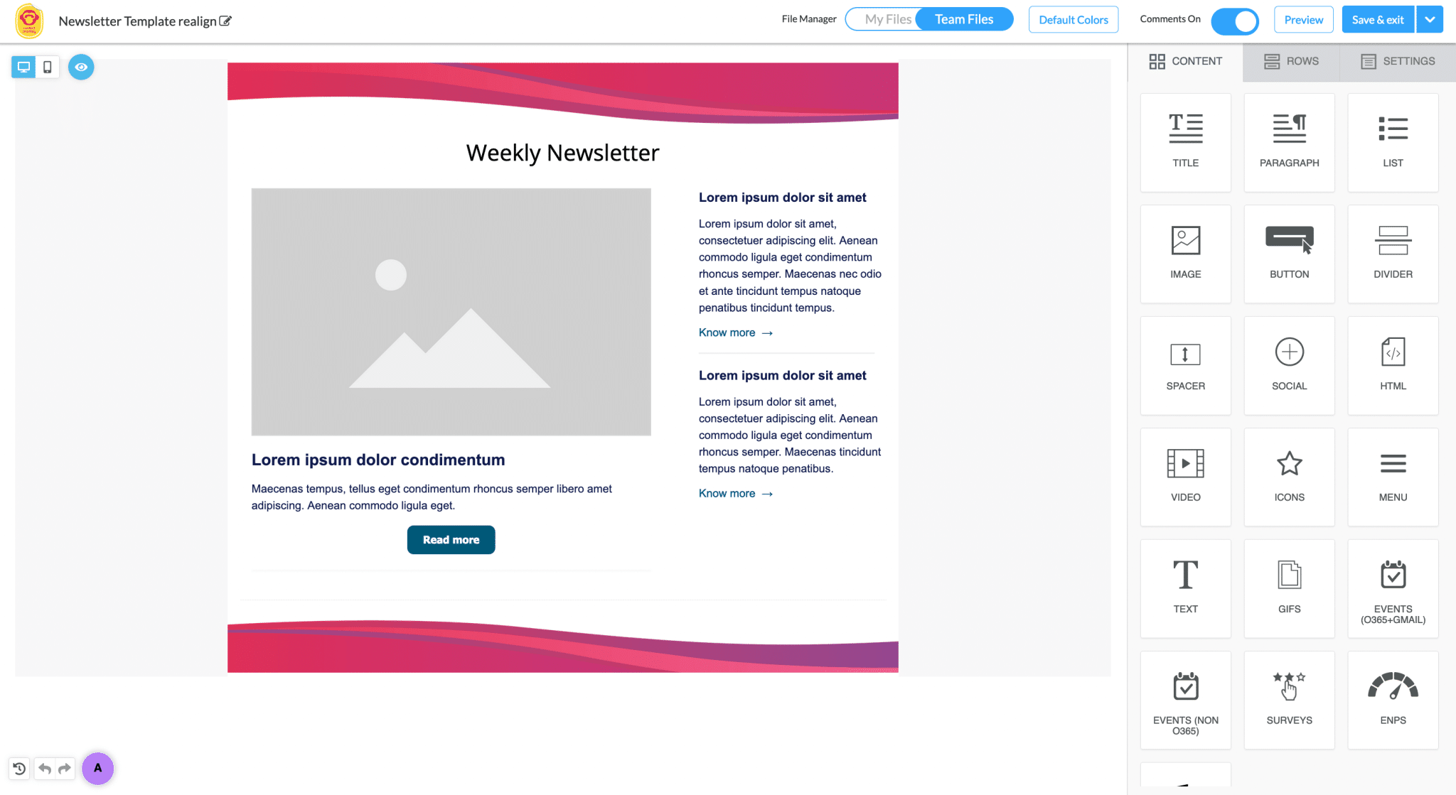 Screenshot of weekly newsletter within ContactMonkey's email template builder.