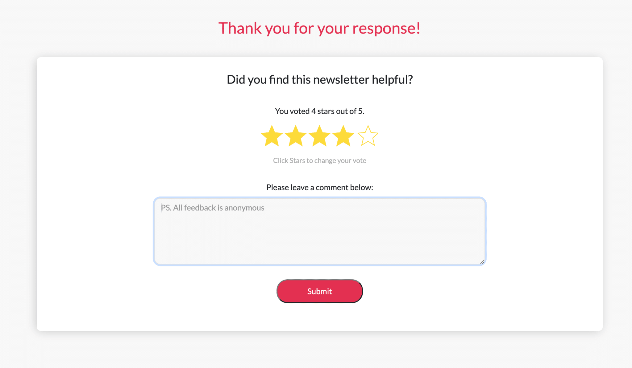 Screenshot of anonymous feedback box created using ContactMonkey's email template builder.