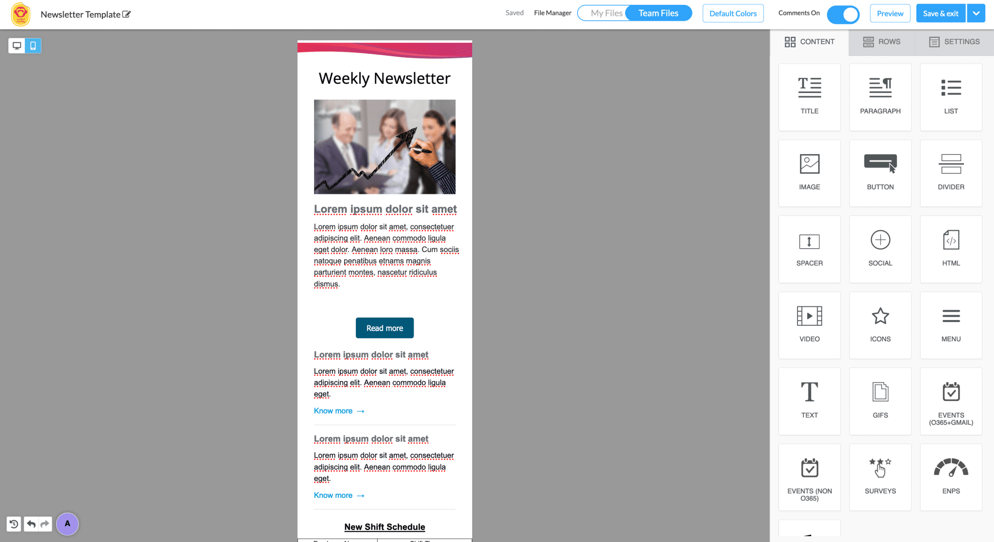 Screenshot of an email newsletter being previewed for mobile devices within ContactMonkey's email template builder.