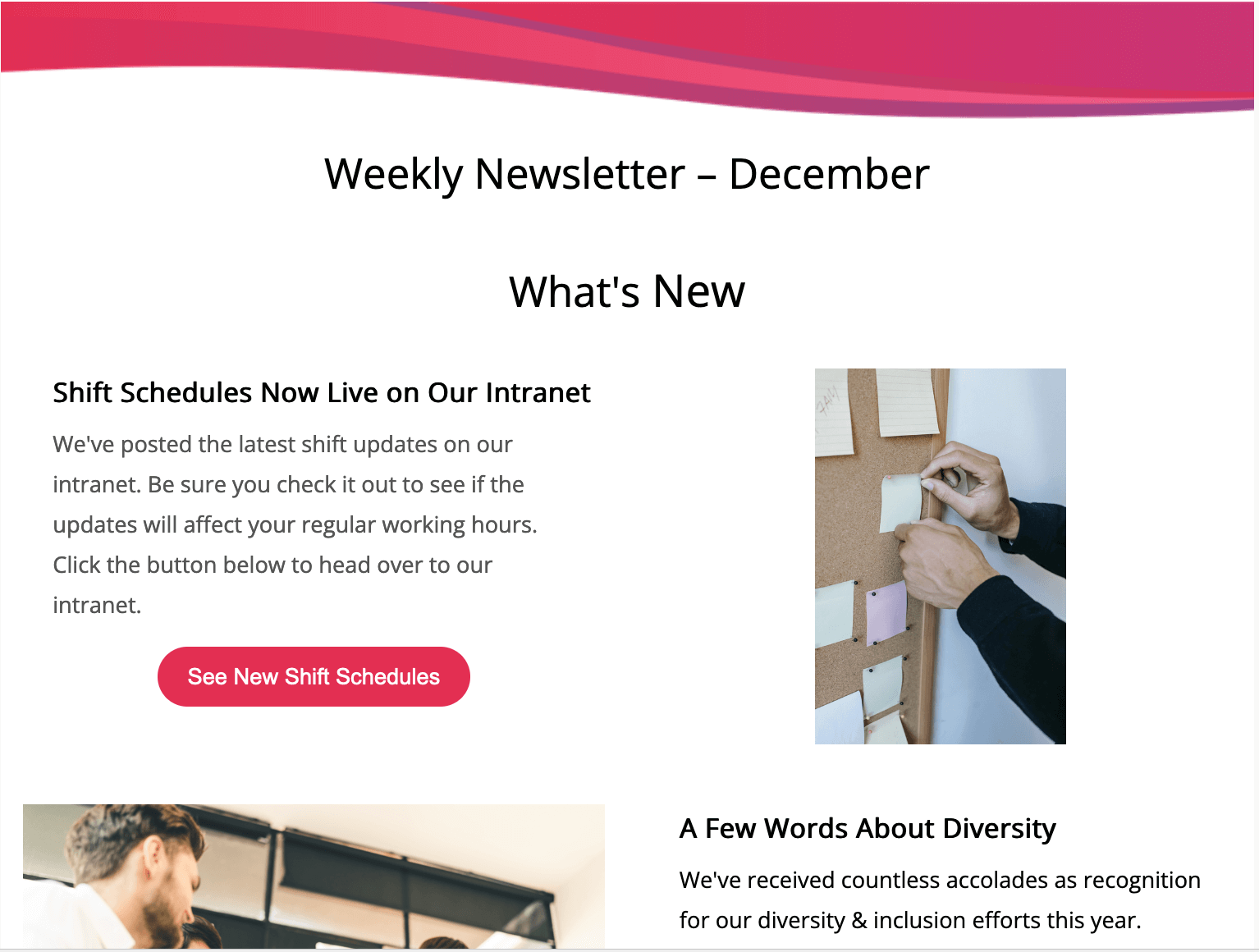 Screenshot of newsletter showing new intranet content for employees