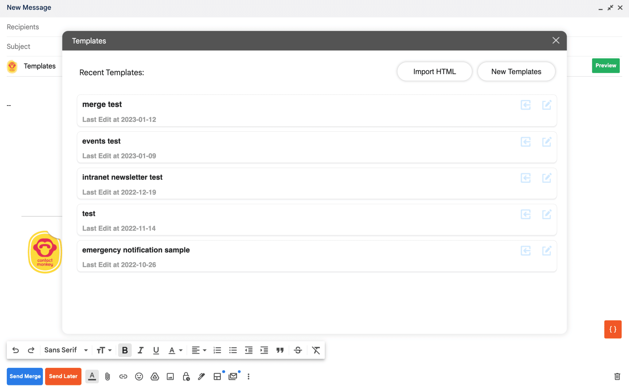 Screenshot of template selection menu in Gmail using ContactMonkey.