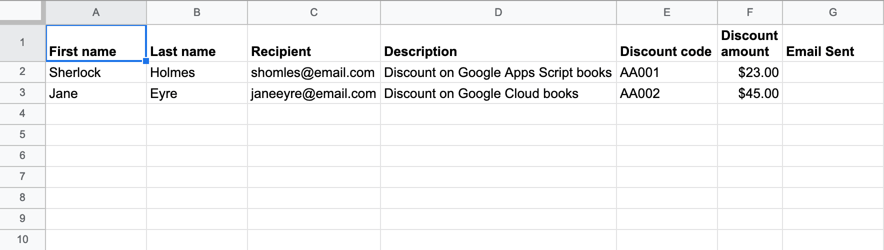 Screenshot of Google Sheets Mail Merge spreadsheet.
