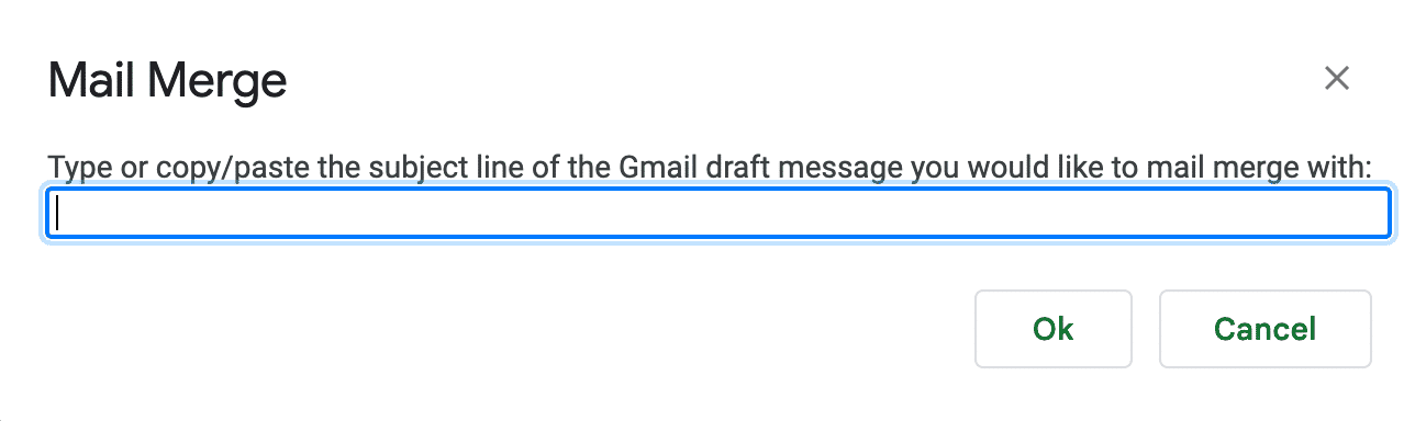 Screenshot of the email subject line text box within Google Sheets mail merge.