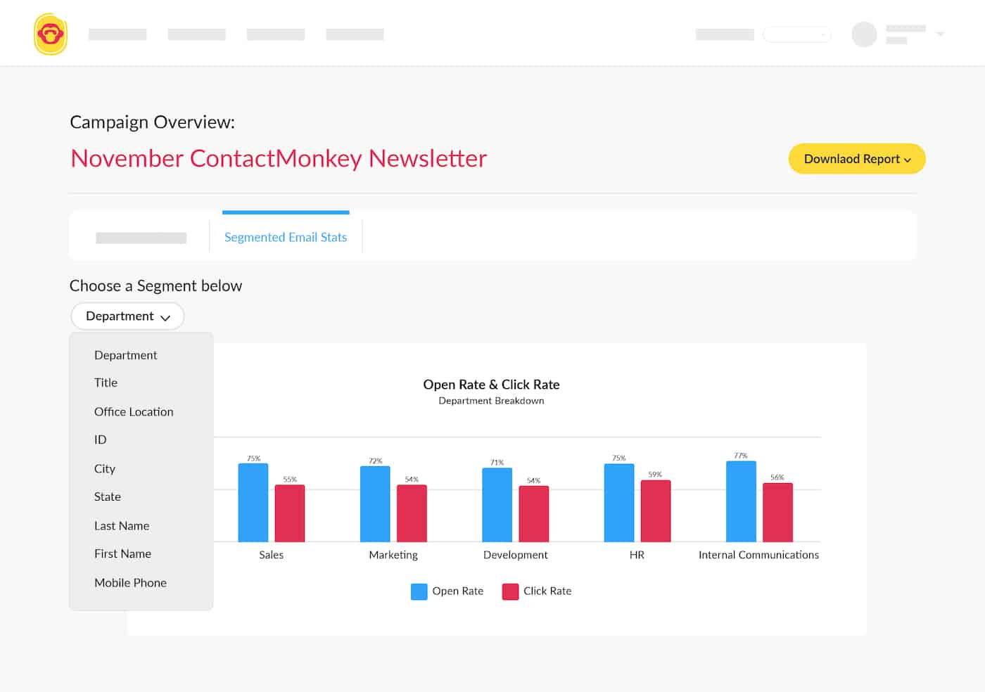 Screenshot of segmented reporting within ContactMonkey's email analytics tool.