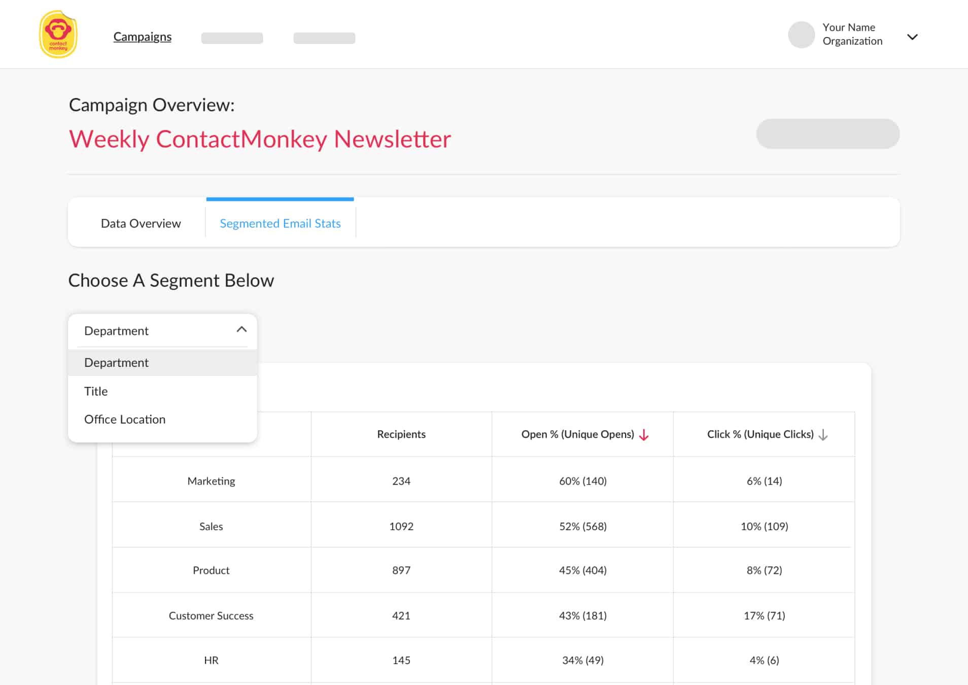 Screenshot of segmented email stats within ContactMonkey's campaign overview dashboard.