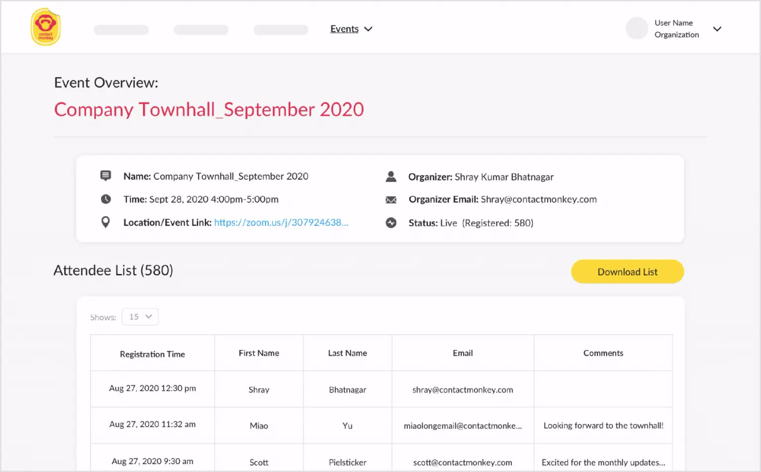 Image of the event overview menu showing an upcoming event and attendee list within ContactMonkey's event management feature. 
