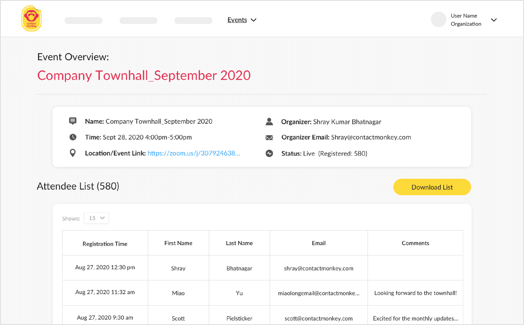 Screenshot of Event Overview menu found within ContactMonkey's Events dashboard.