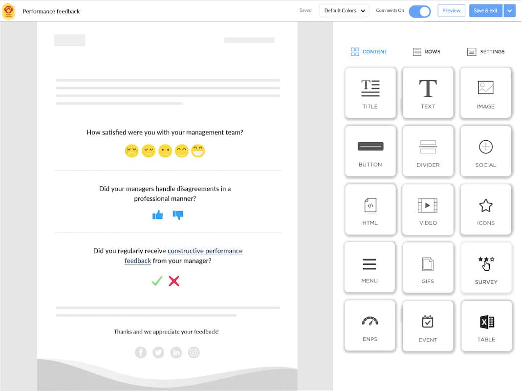 Screenshot of employee surveys embedded into an email template using ContactMonkey's email template builder.