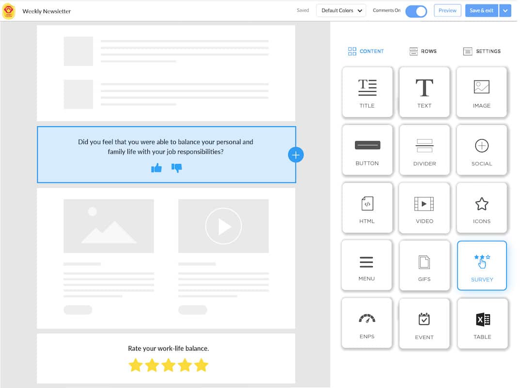 Screenshot of employee pulse survey within an email newsletter template within ContactMonkey's email template builder.