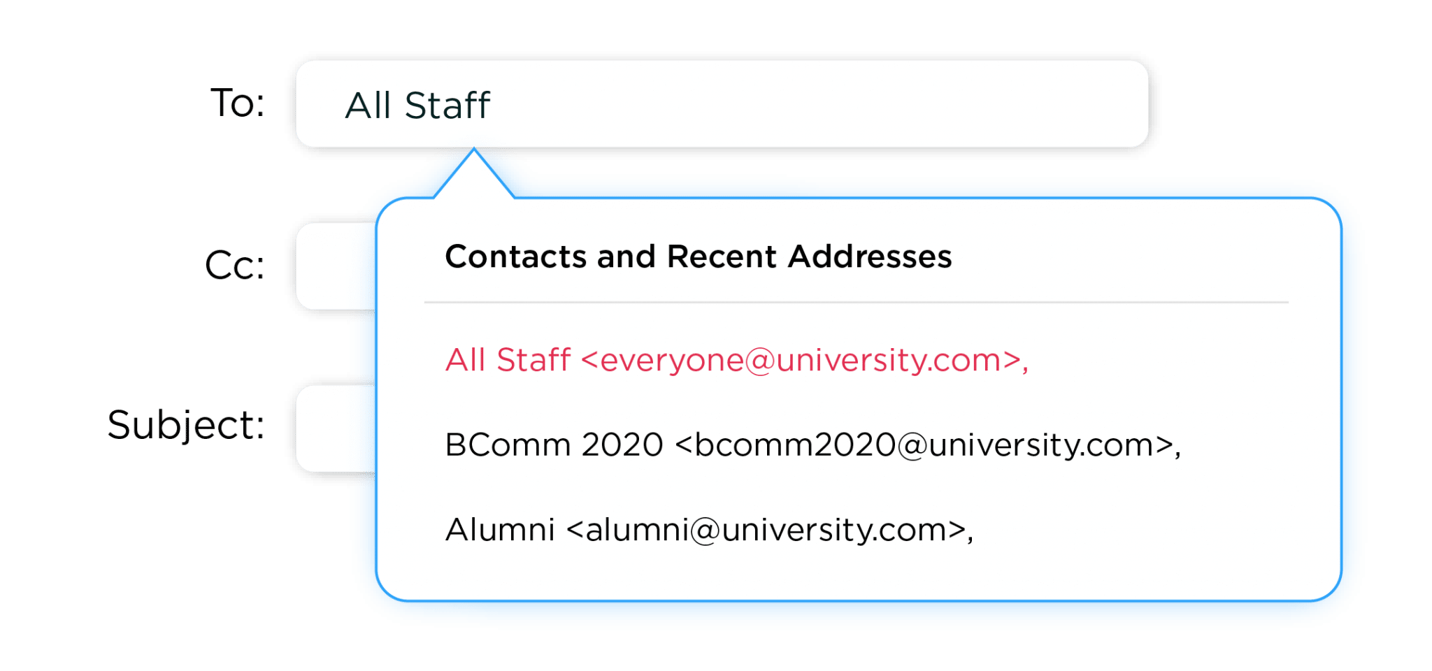 Screenshot of To field within an email inbox showing different email lists.