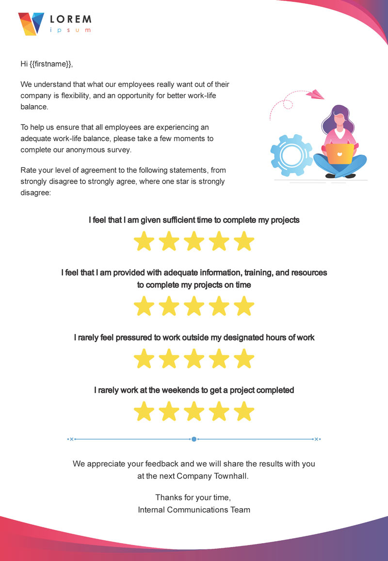 Screenshot of employee wellness survey template within ContactMonkey's email template builder.