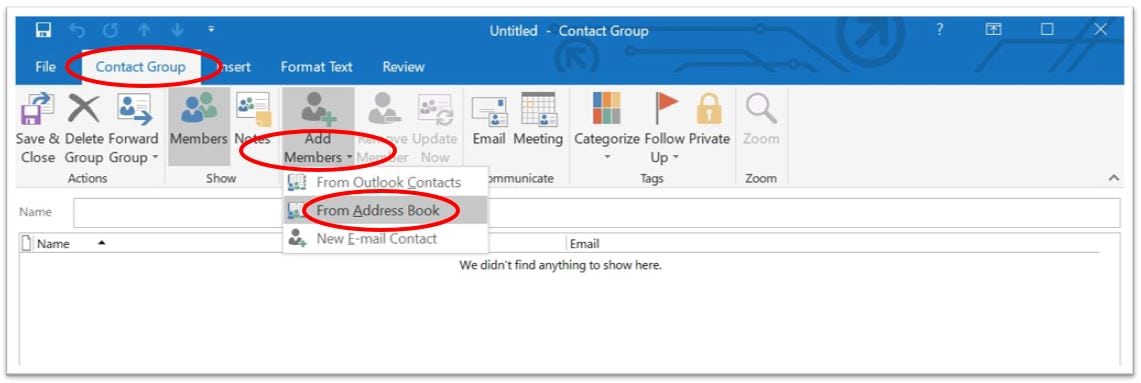 Screenshot of Outlook contact group toolbar.