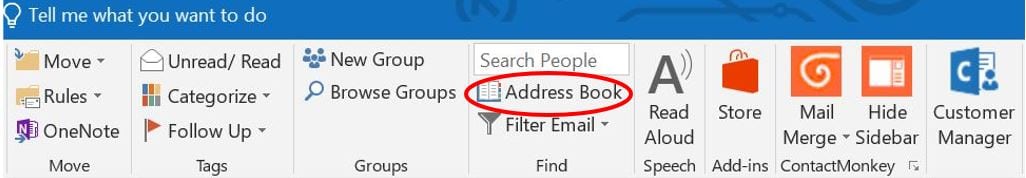 Screenshot of address book in Outlook toolbar.