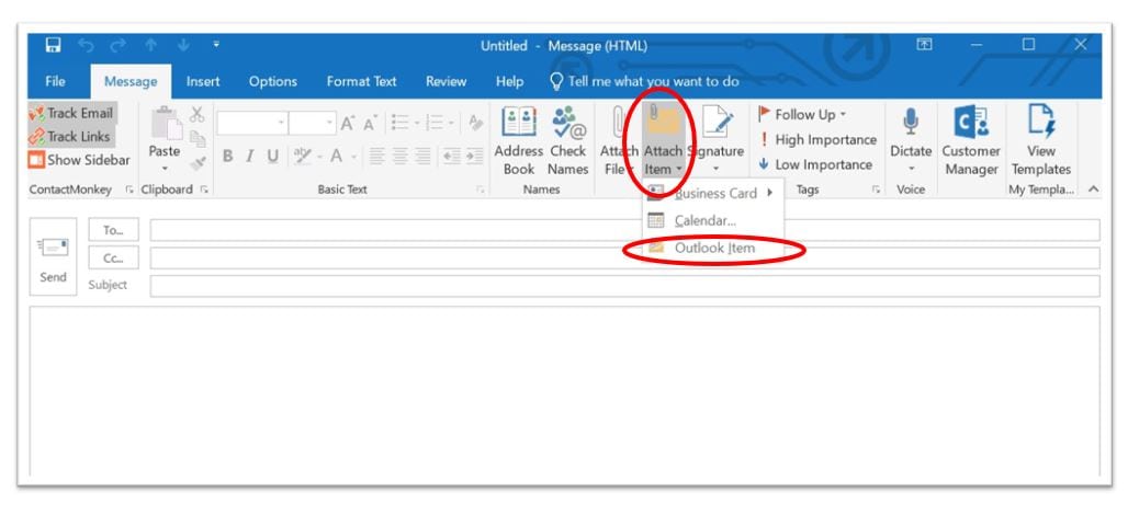 Screenshot of attach item button within Outlook.