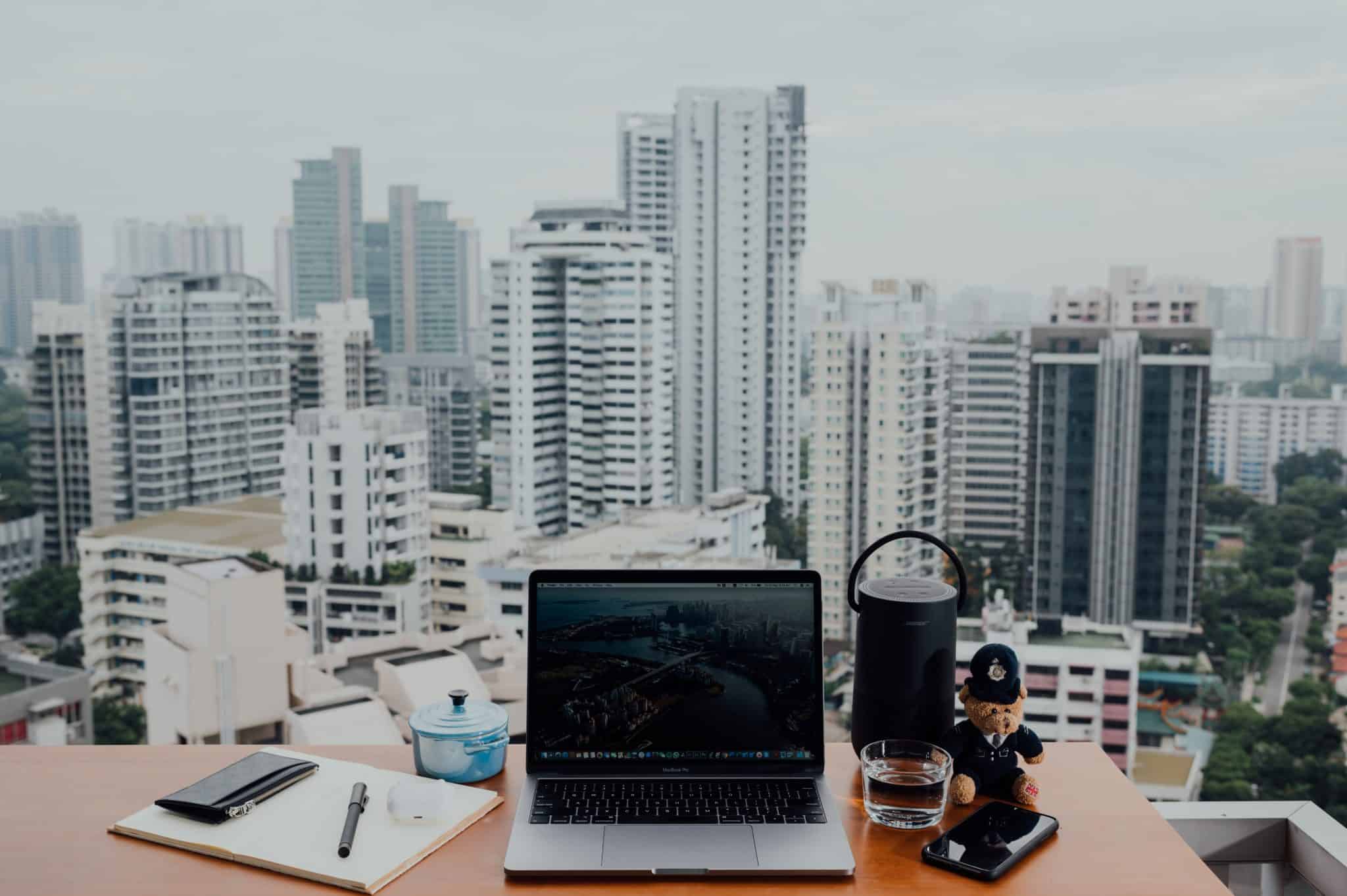 Typical work-from-home desk with laptop.