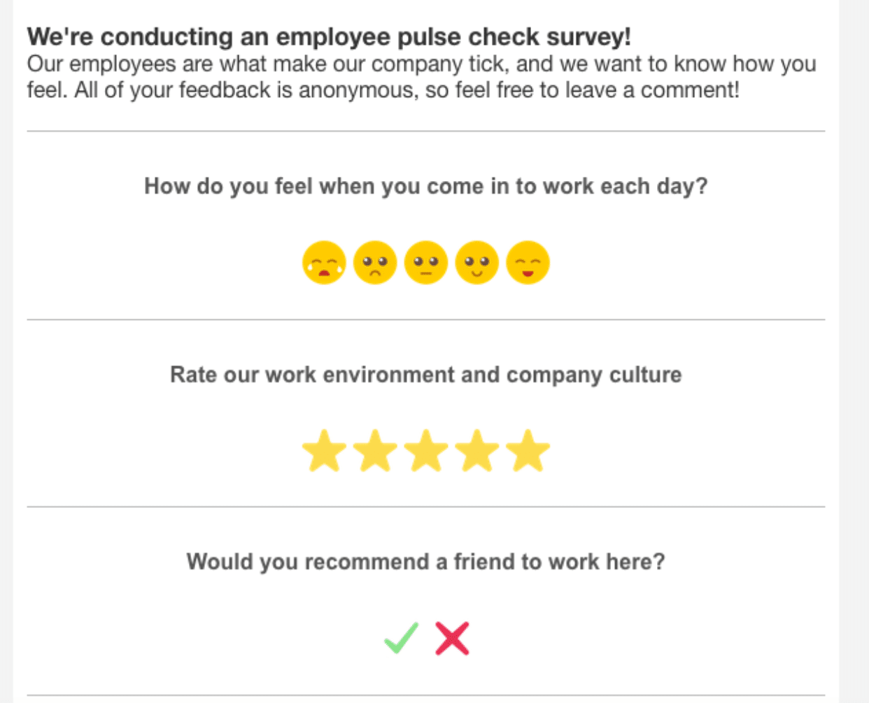 Screenshot of employee pulse surveys embedded within an email newsletter using ContactMonkey's email template builder.
