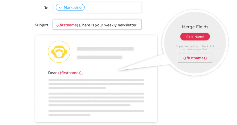 Image of merge tags inserted into an email using ContactMonkey.