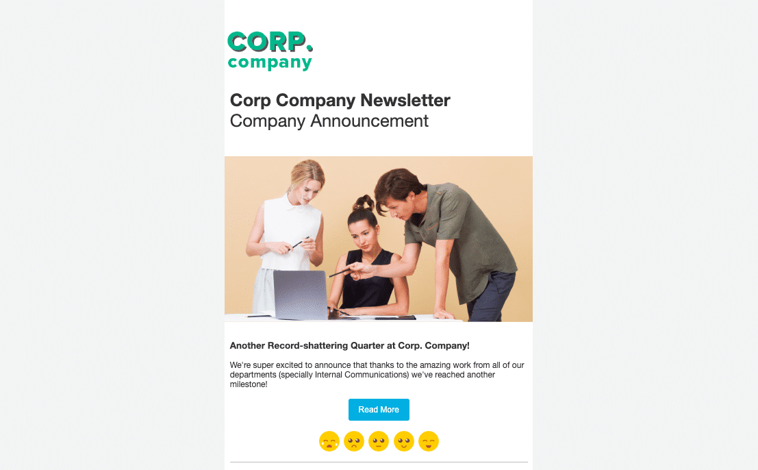 Screenshot of a company newsletter about the latest company news. created with ContactMonkey's email template builder.