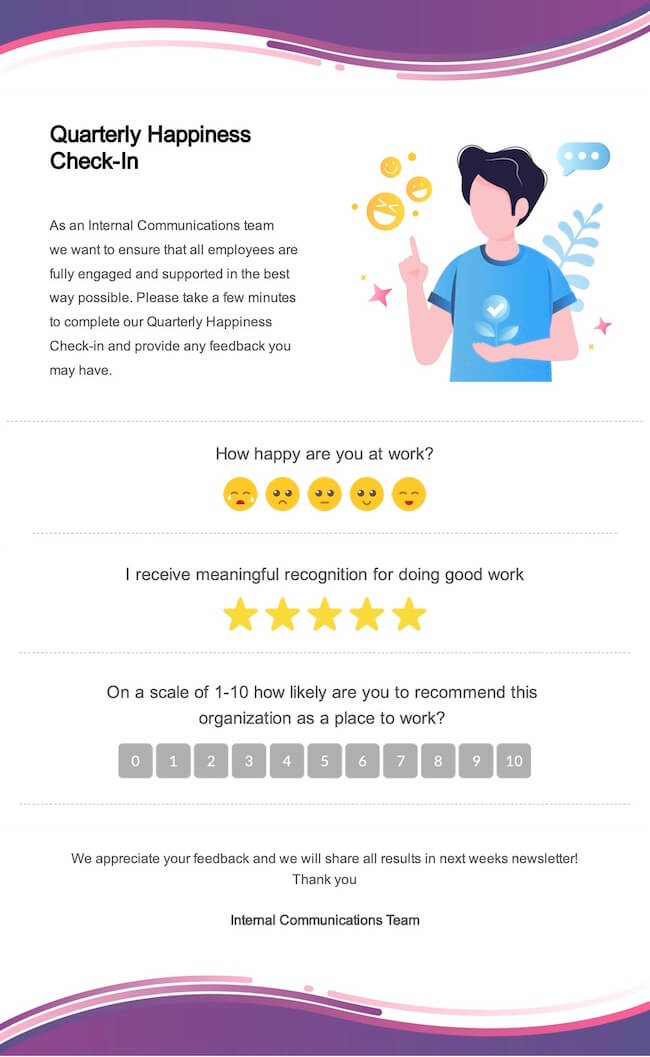 Screenshot of a quarterly happiness check-in survey email created using ContactMonkey's email template builder.