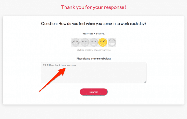 Screenshot showing where employees can add anonymous comments to their survey responses.