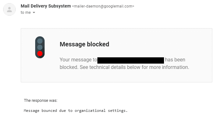 Screenshot of blocked message received in a Gmail inbox.