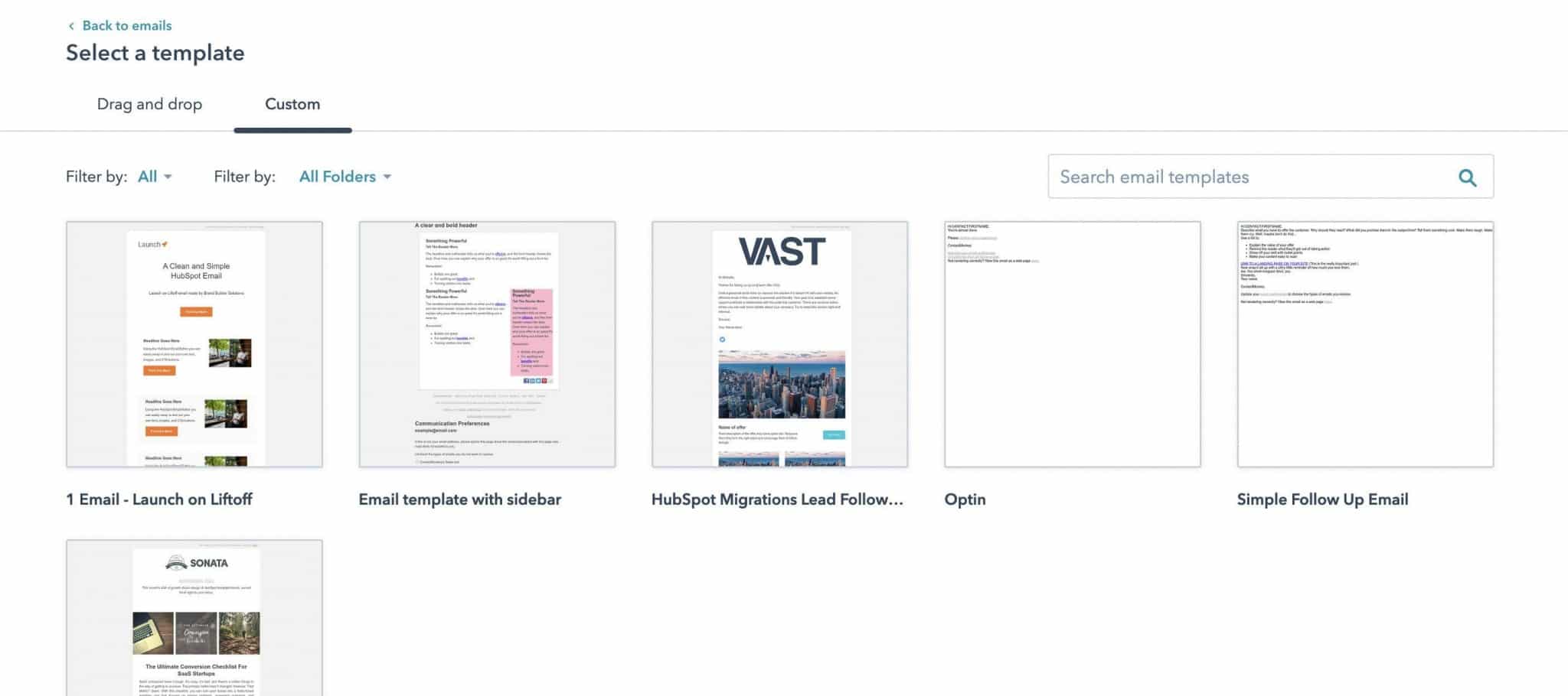 Screenshot of templates found within Hubspot.