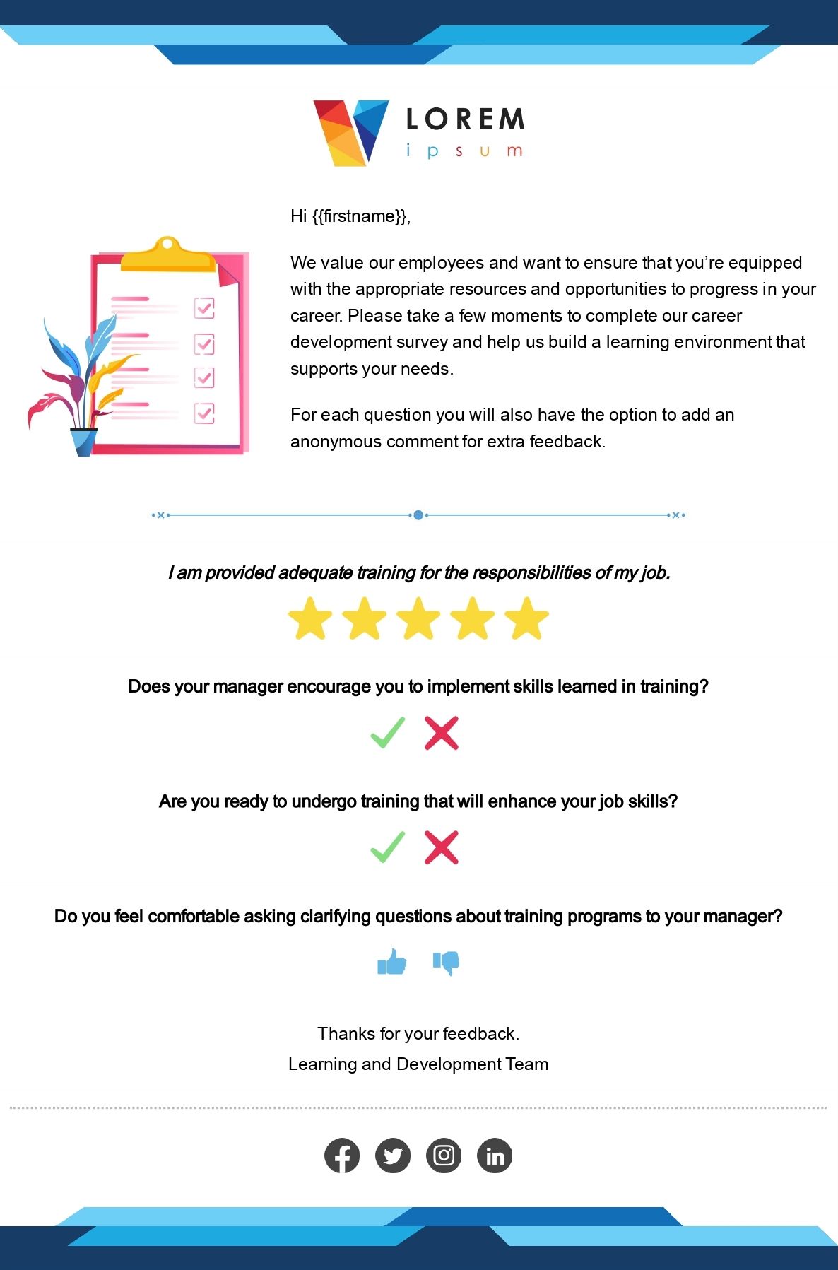 Screenshot of employee training survey template within ContactMonkey's email template library.