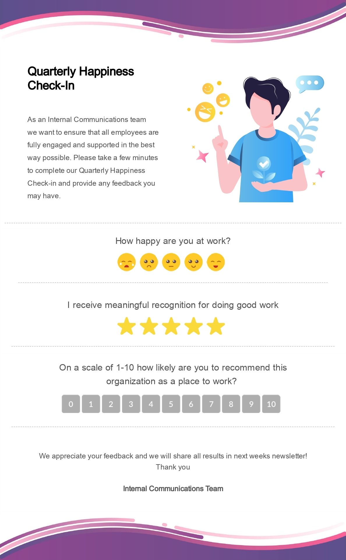 Screenshot of employee happiness survey template within ContactMonkey's email template library.
