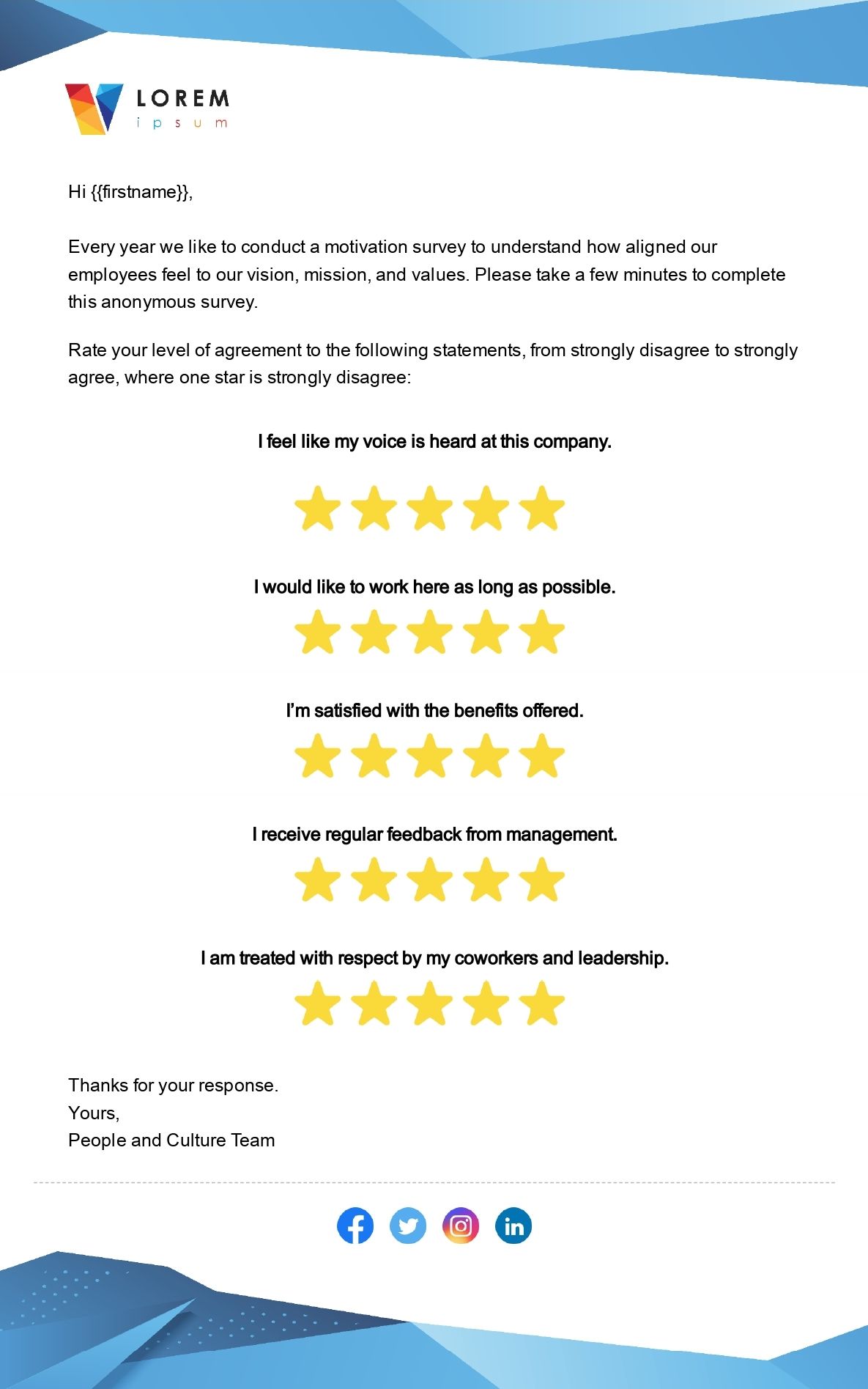 Screenshot of employee motivation survey template within ContactMonkey's email template library.