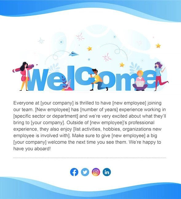 Screenshot of new employee welcome email template created using ContactMonkey's email template builder.