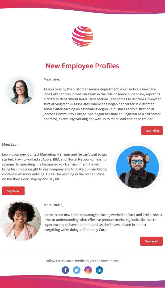 Screenshot of new employee profile template created using ContactMonkey's email template builder.