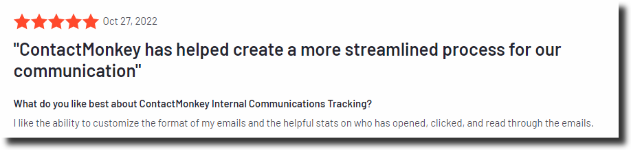 Screenshot of glowing G2 review of ContactMonkey regarding speed and customization of internal communications.
