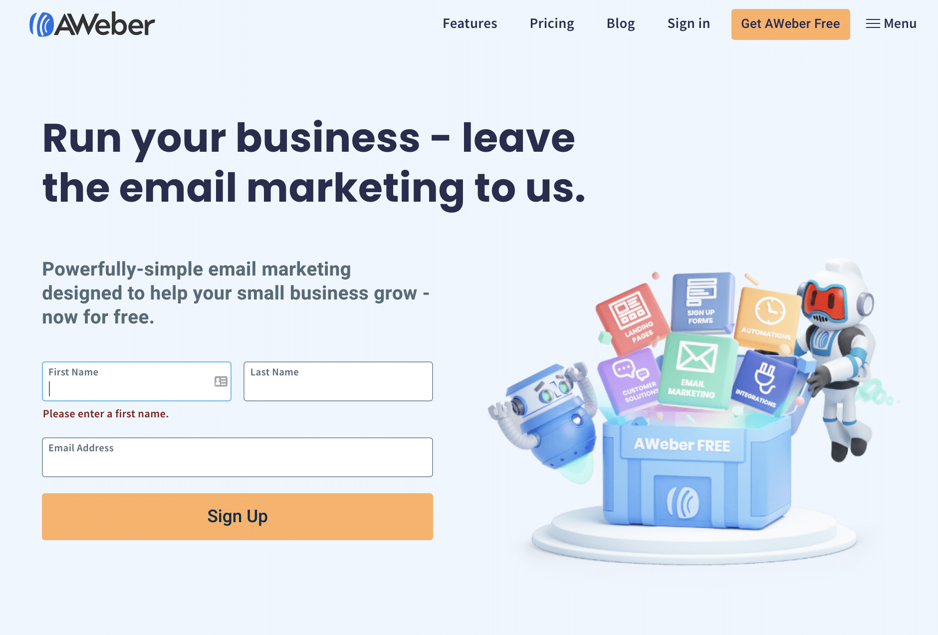Screenshot of AWeber homepage.