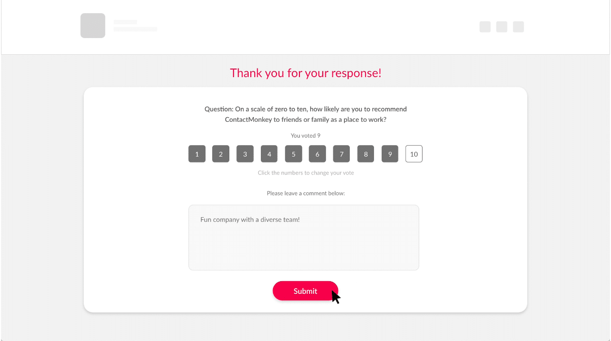 Screenshot of employee net promoter score feedback box inserted into an email using ContactMonkey's email template builder.