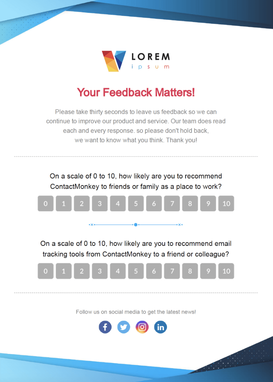 Screenshot of email template with employee net promoter score (eNPS) survey embedded using ContactMonkey's email template builder.