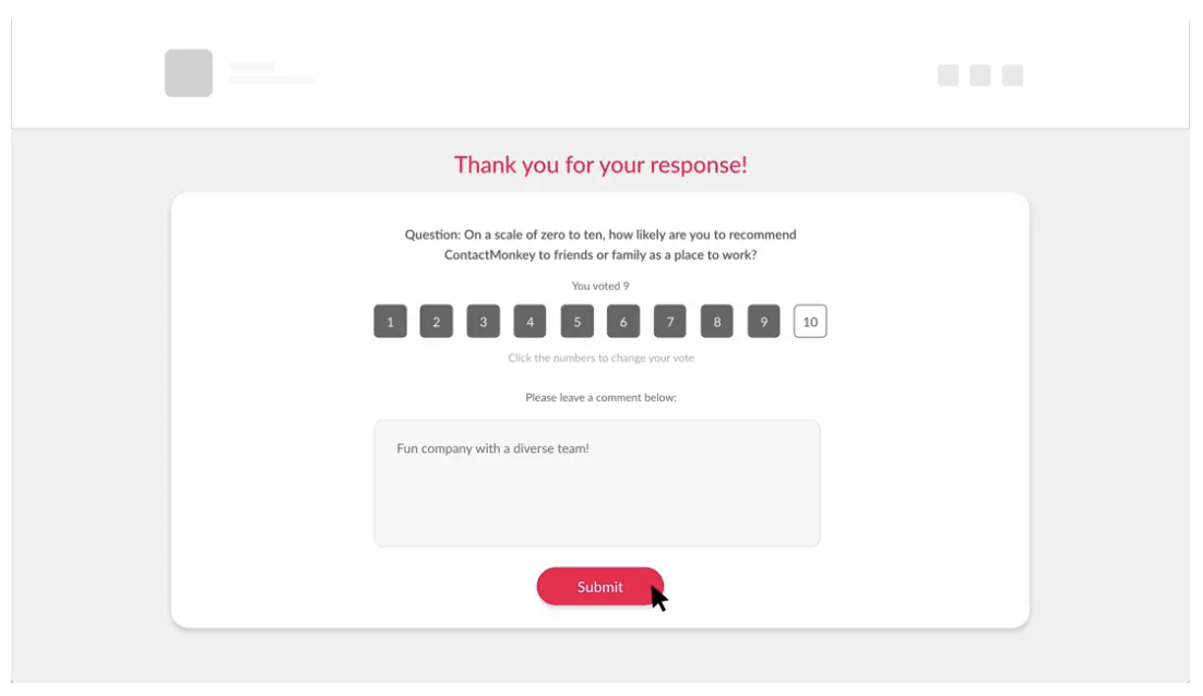 Screenshot of employee net promoter score (eNPS) and anonymous employee comment box inserted into an email using ContactMonkey's email template builder.