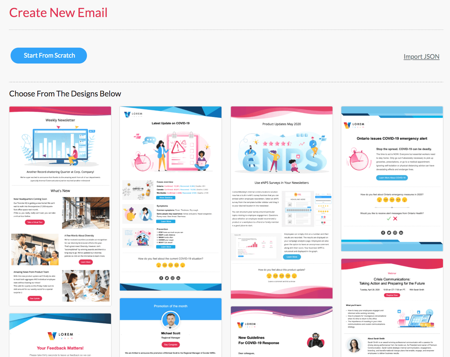 Screenshot of email template library within ContactMonkey's email template builder.