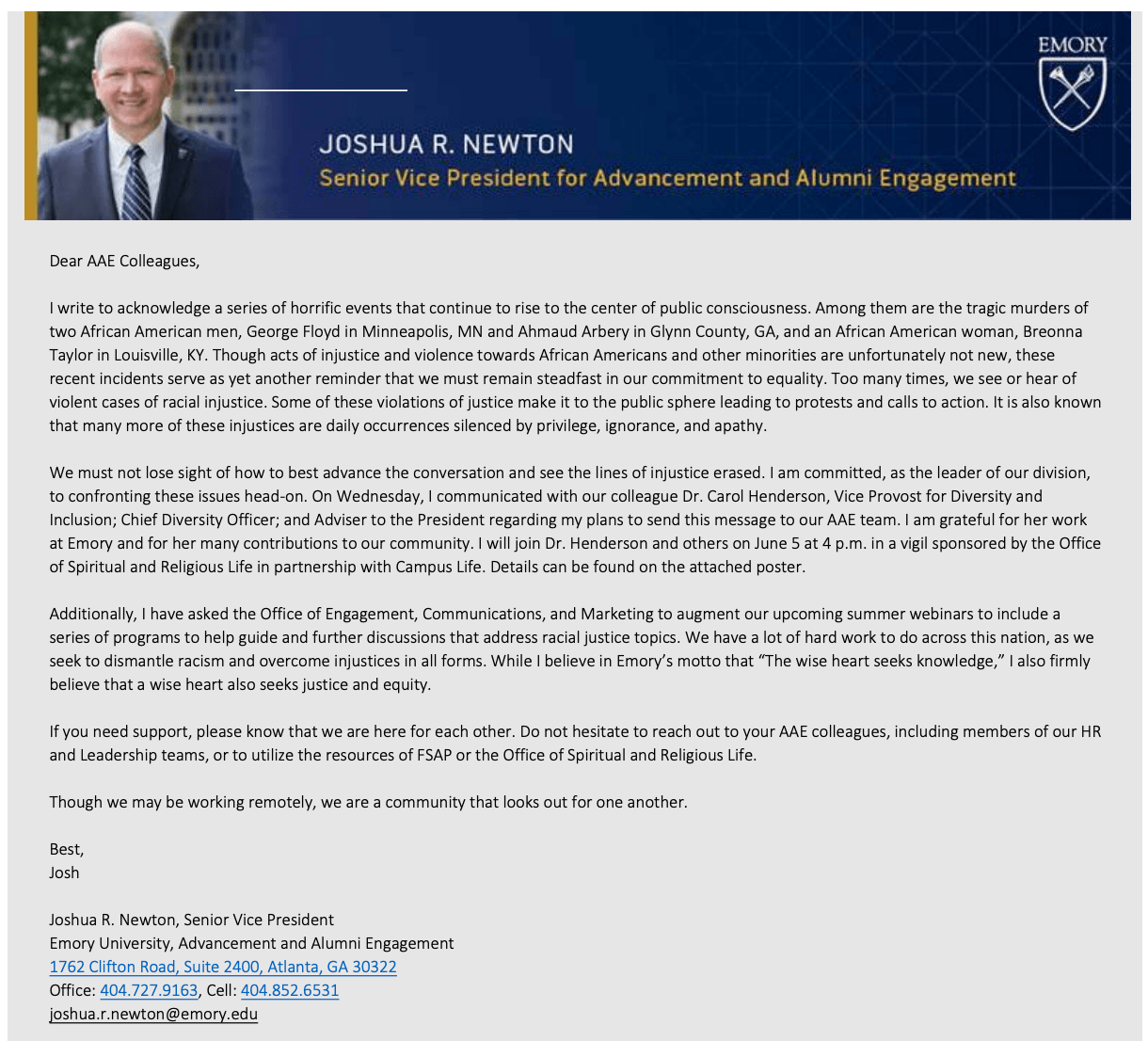Image of post-secondary email newsletter featuring a leadership communication.