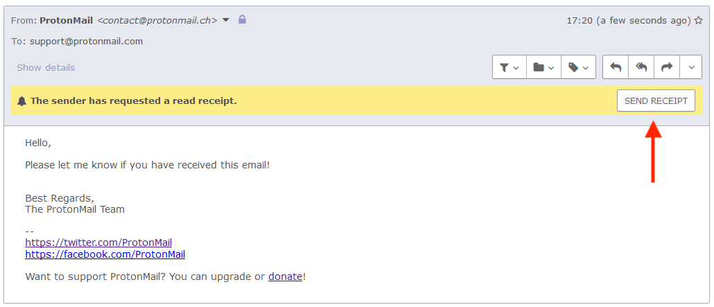 Screenshot of email with read receipt sent using Outlook.