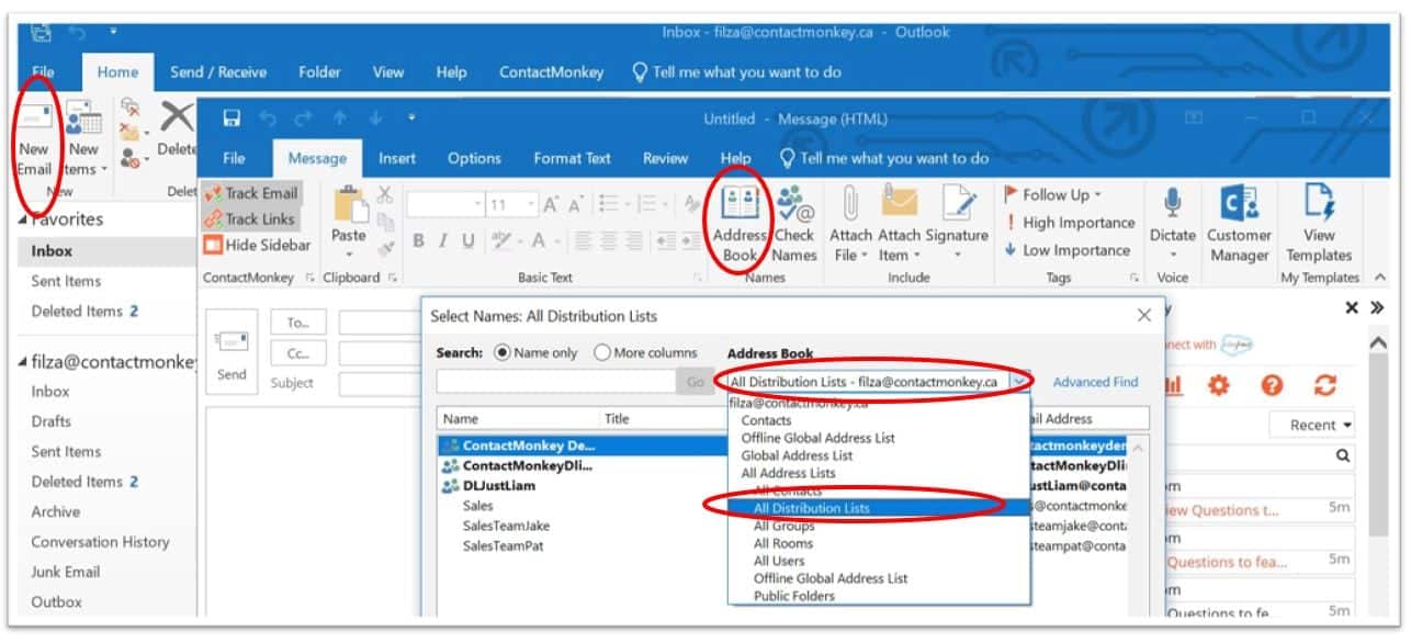 Screenshot of address book options within Outlook.