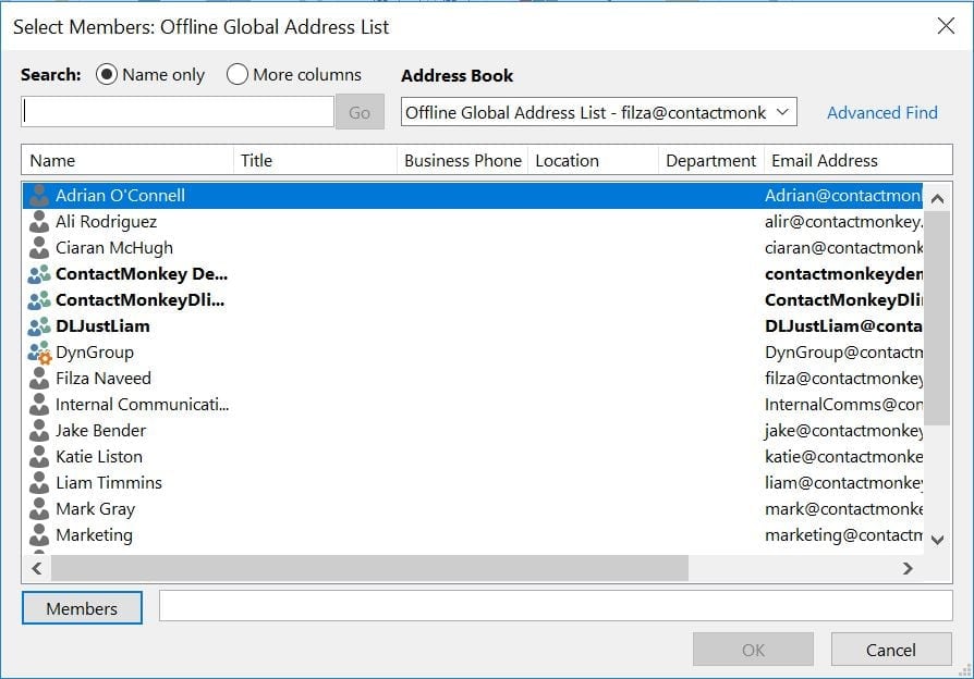 Screenshot of global address list within Outlook.