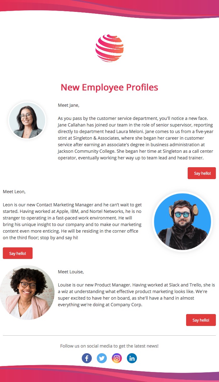 Screenshot for employee newsletter created using ContactMonkey's email template builder showcasing new employees starting at company.