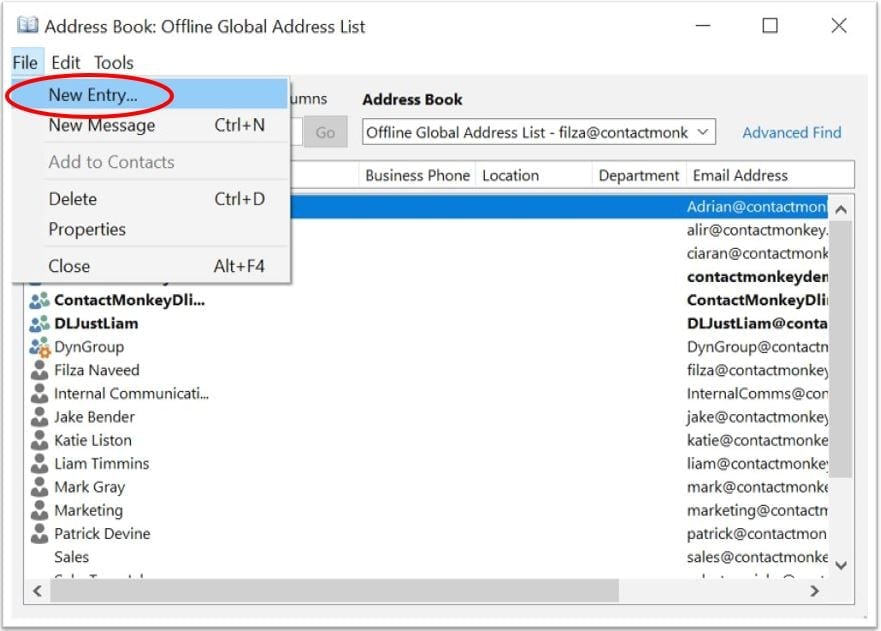 Screenshot of address book settings in Outlook.