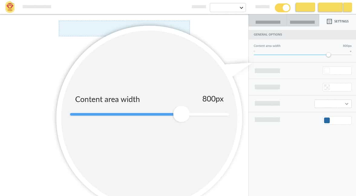 Screenshot of content area width settings within ContactMonkey's email template builder.