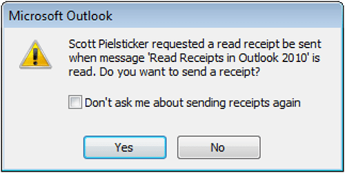 Screenshot of read receipt sent using Outlook.