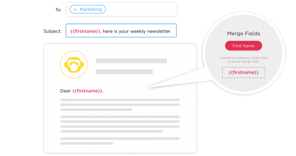 Image of merge tags inserted into an email using ContactMonkey's email template builder.