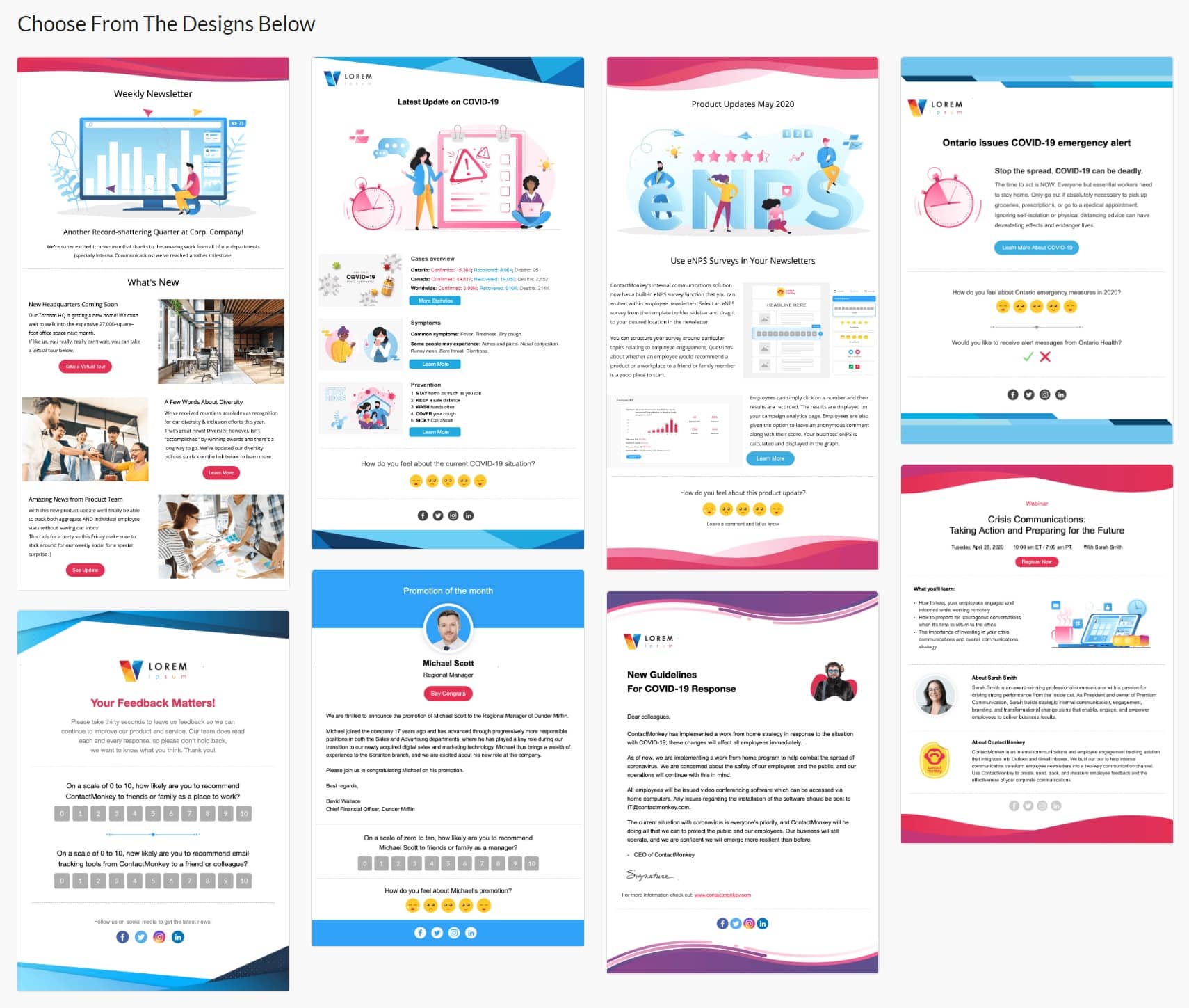 Screenshot of email newsletter templates found within ContactMonkey's template library.
