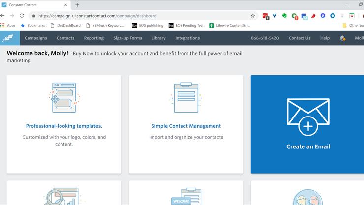 Screenshot of Constant Contact dashboard.