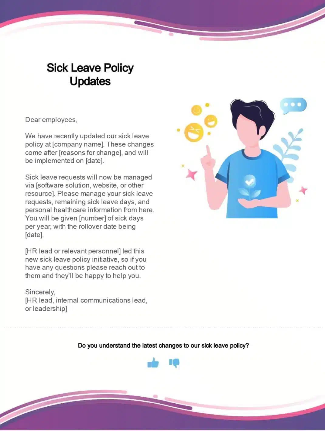 Screenshot of sick leave policy email template created with ContactMonkey's email template builder.